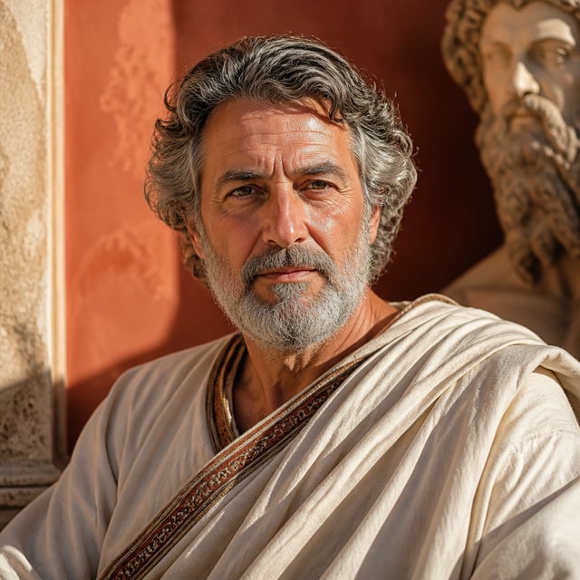 Ultra realistic portrait of a distinguished Greek philosopher, in a sun-drenched Mediterranean court
