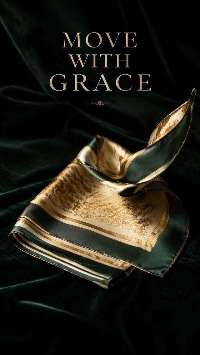 Premium 4:5 advertising poster for a luxury silk scarf brand. A single silk scarf folded on a dark v