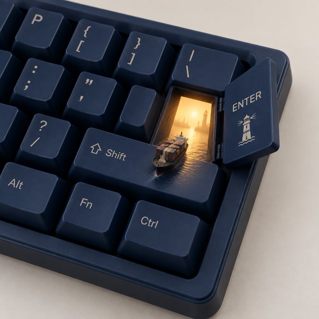 A surreal, minimalist conceptual product photograph of a navy-blue mechanical-stylecomputer keyboard