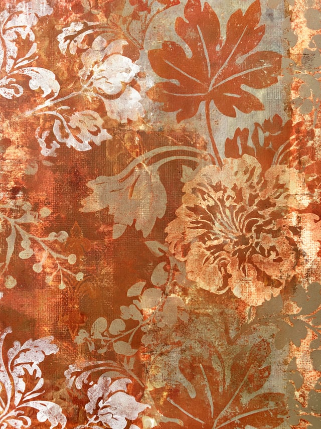 An art journal, mixed media paper of stencils, gel prints, tea-stain, in shades of terracotta, clay,