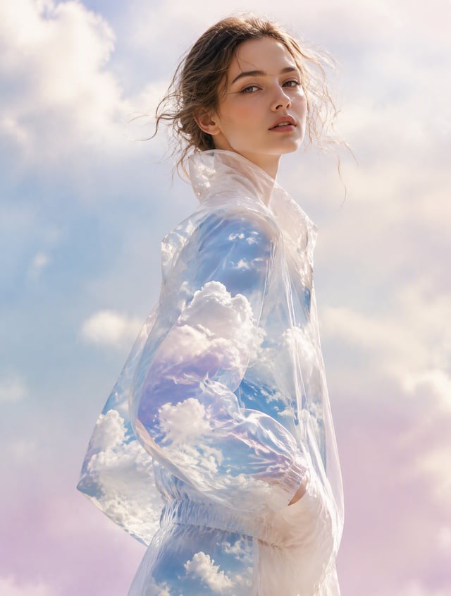 A beautiful woman wearing a lightweight paper-like jacket that is transparent and filled with a brig