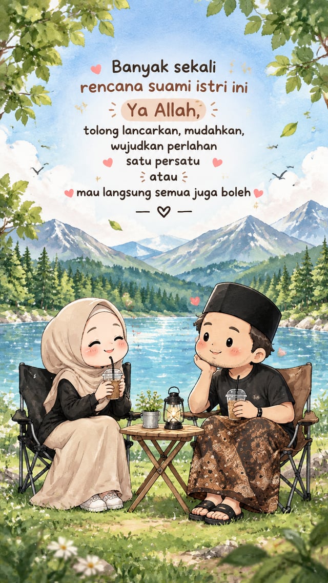 Cute chibi illustration of a young Malaysian Muslim married couple sitting on camping chairs by a be