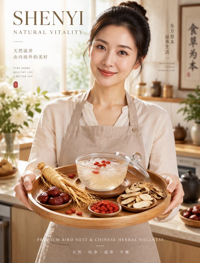 ### 方案 3：新中式高端草本滋补（神怡滋养 / HERBAL NOURISHMENT）画面类型：高净值健康滋补商业写真广告 (Luxury health & wellness editorial 