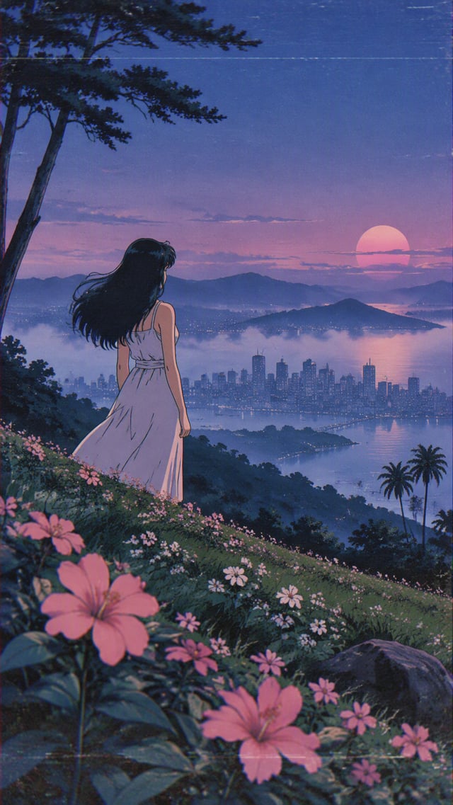 80s anime still, VHS grain and scan lines overlay, 【A woman stands on a hillside, with flowers in th