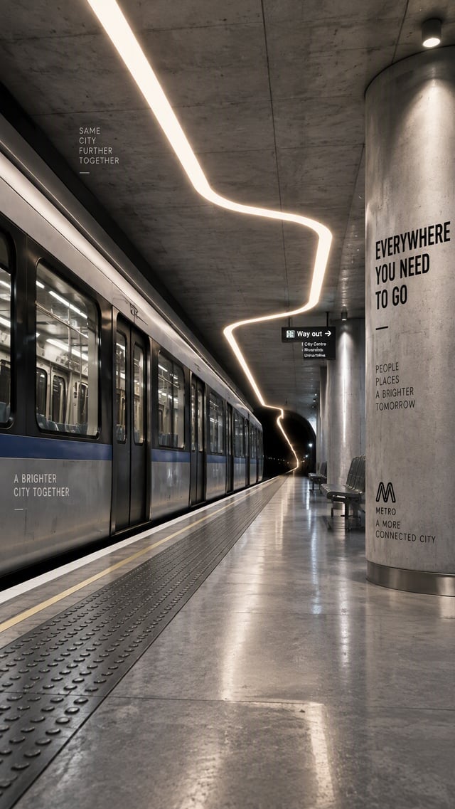 Premium 4:5 conceptual advertising poster for a modern public transportation campaign. An undergroun