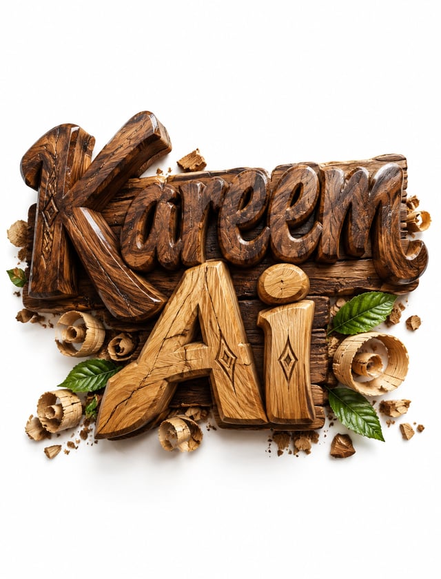 Create a handcrafted wooden graffiti text logo featuring the words "KareemAi". The top word is carve