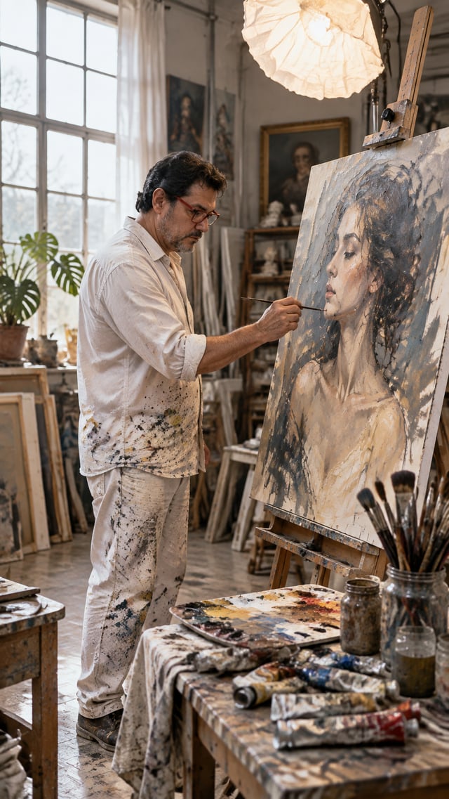 A middle-aged painter in a paint-stained white shirt and trousers stands at an easel, carefully appl