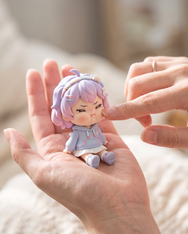 A mini chibi version of the character in the uploaded image, with a big head and small body, sitting