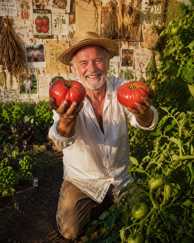 An older man with sun-weathered skin, a white linen shirt and dirt under his fingernails kneels in a