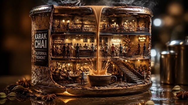 Ultra-realistic 3D miniature diorama of a Karak chai environment built inside a giant California far