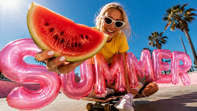 A cheerful blonde woman in white cat-eye sunglasses and a vivid yellow T-shirt leans toward the came