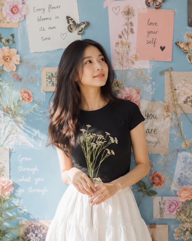 Create a hyper-realistic fashion editorial portrait of a young Asian woman standing against a cheerf