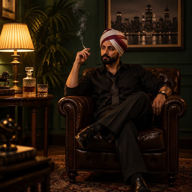 A cinematic, moody film-noir scene of a stylish young man sitting alone in a vintage dark leather ar