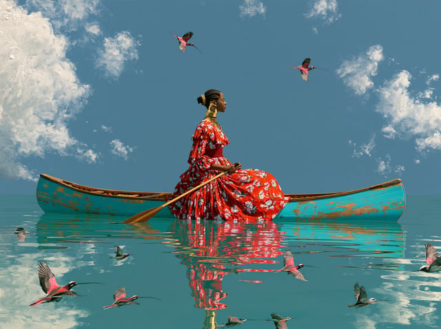 a painting depicting a person looking at the sky as if floating on the sea next to a canoe her refle