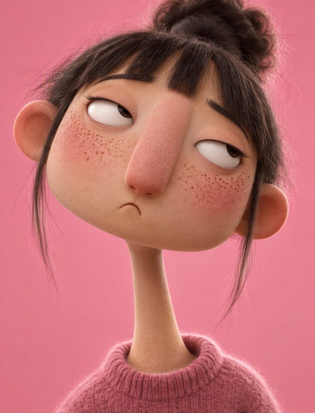 A highly stylized 3D cartoon character portrait from the shoulders up, An Asian girl with a big roun