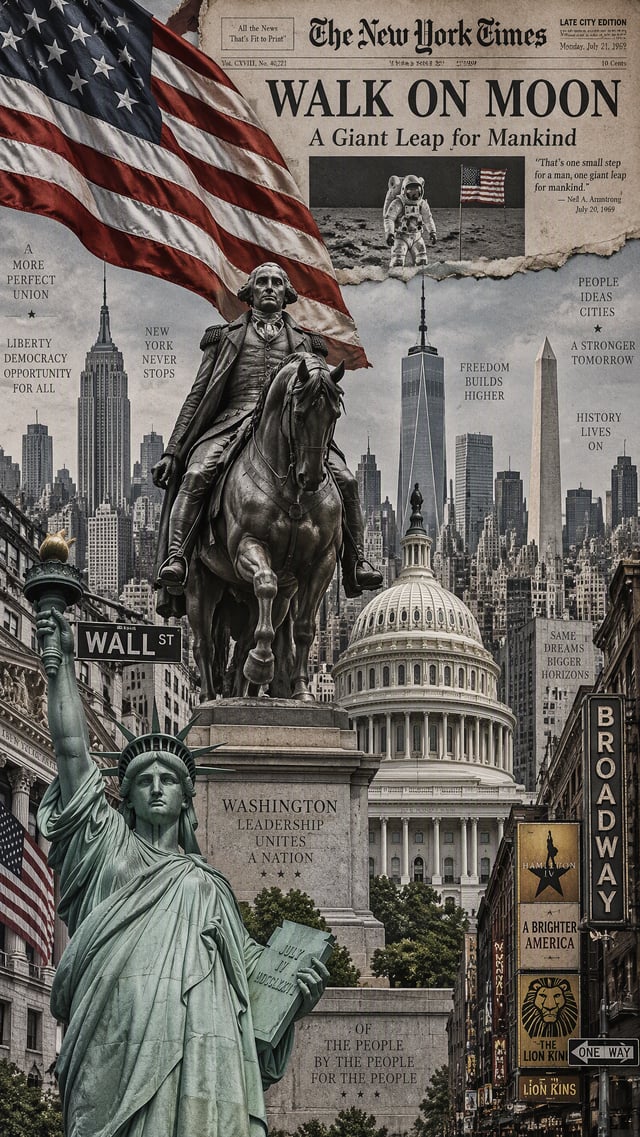 Subject and CompositionA dense editorial photomontage featuring a vertical cityscape of American cul
