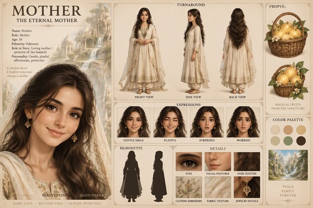 Create a professional high-end CHARACTER REFERENCE SHEET / MODEL SHEET for the MOTHER character from