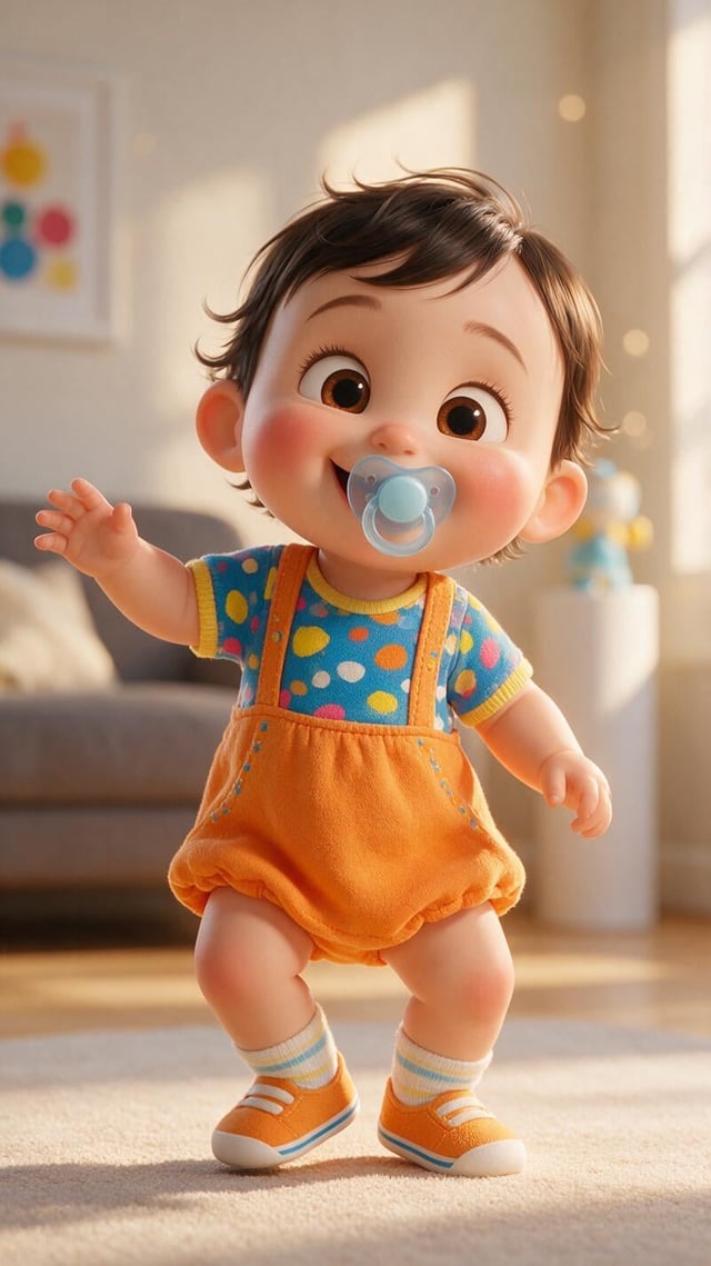 A super cute 3D animated baby with chubby cheeks, big sparkling eyes, wearing a colorful baby outfit