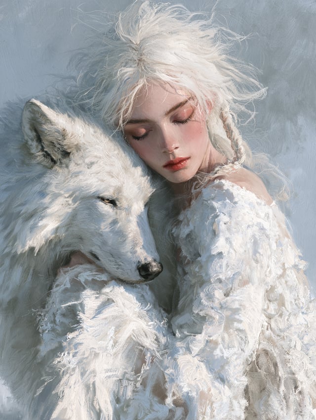 A delicate, dreamlike portrait of a woman with messy white hair, a messy braid and bangs, in an intr