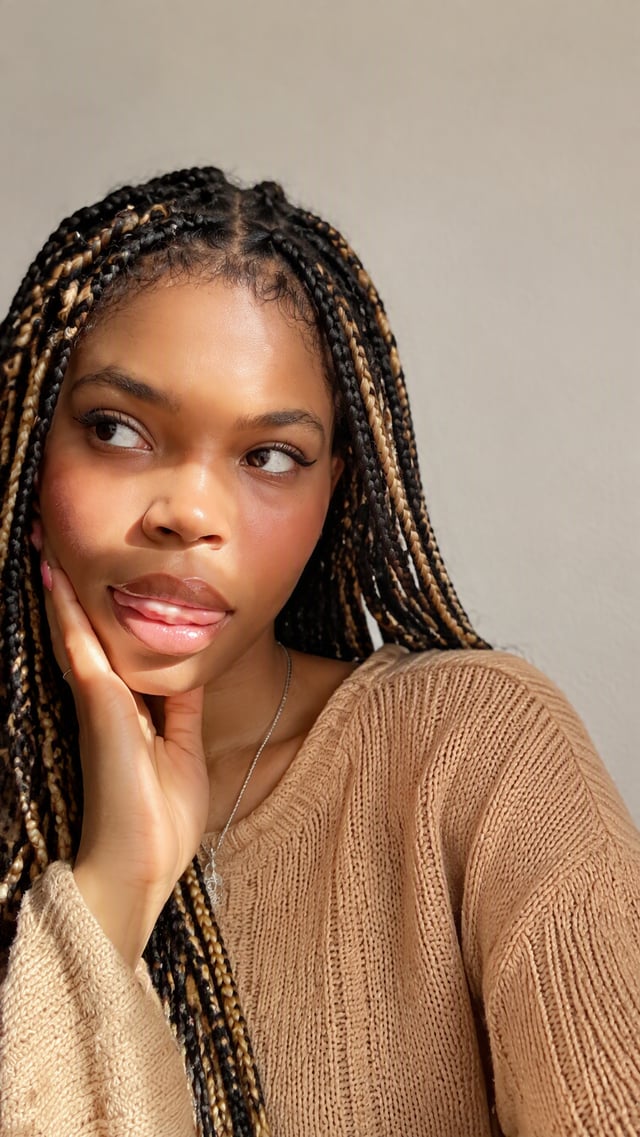 A young woman with intricate black and blonde box braids poses in a casual indoor setting, her head 
