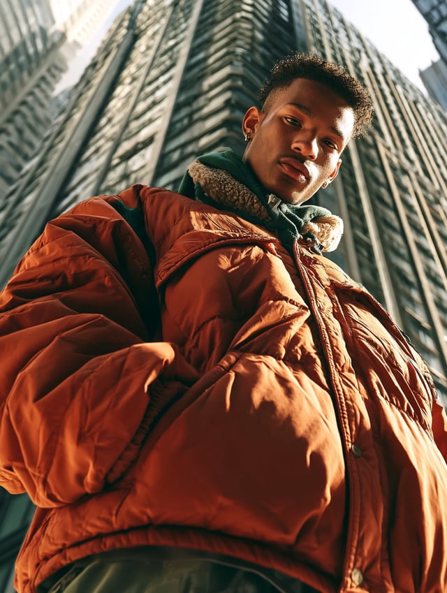 A low camera angle, towering buildings and hard diagonals turn a street portrait into a cinematic ur