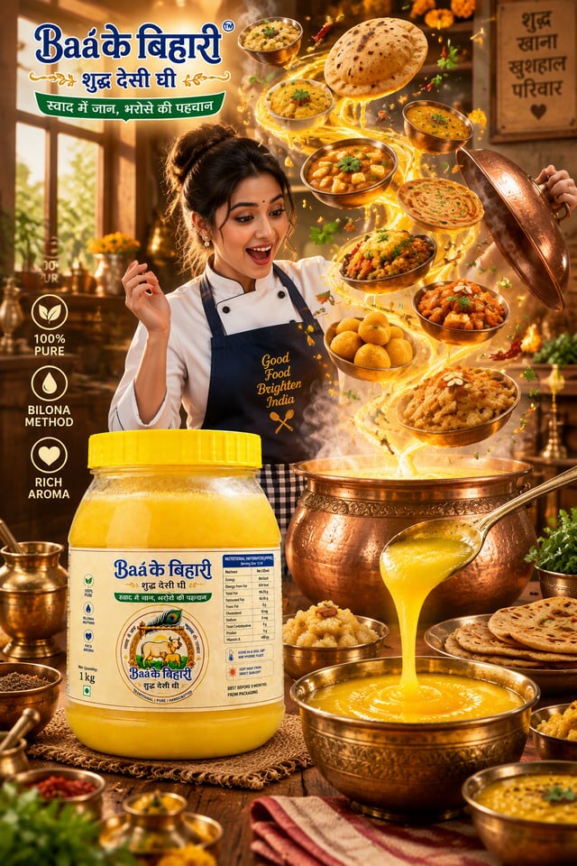 Hyper-realistic, high-end cinematic commercial advertisement for “Baáके बिहारी शुद्ध देसी घी”. Use t