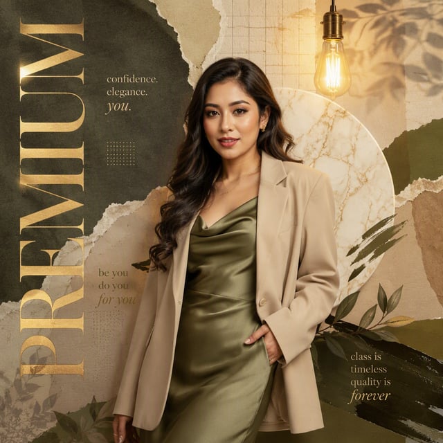 Luxury fashion editorial poster, premium magazine collage style, earthy neutral color palette (beige