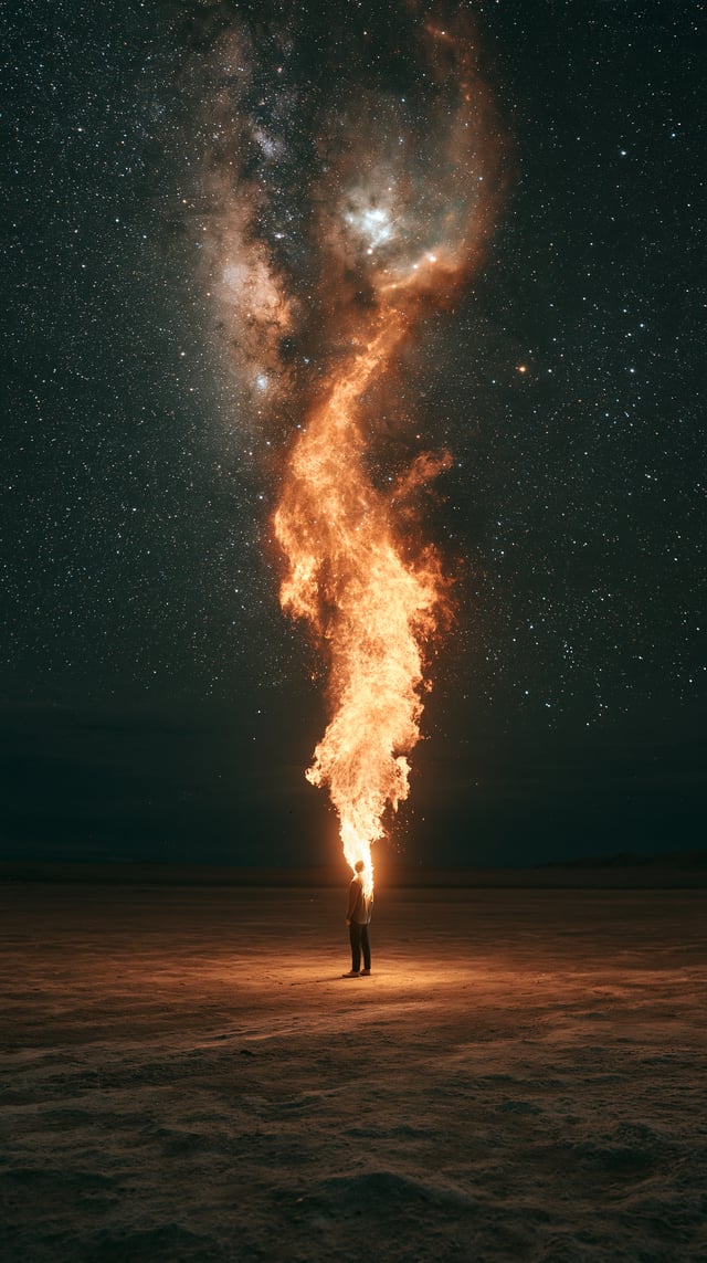 A lone man standing in a vast, dark desert salt flat. He is on fire with a towering column of fire e