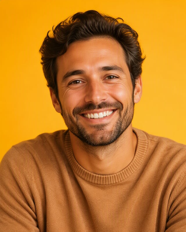 Create a hyper-realistic editorial portrait of a charismatic young man in his early thirties with wa