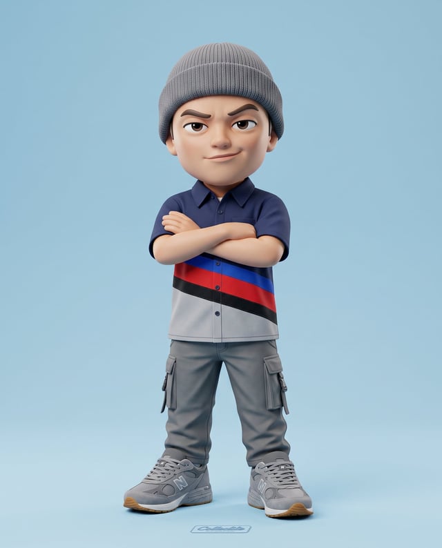 3D rendered caricature figurine, big head chibi style, wearing gray with colours stripes (adjunt ima
