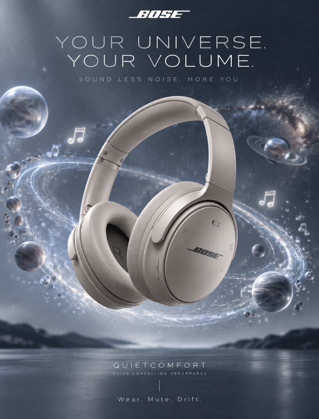 【角色设定】你是世界级 3C 商业摄影师 + Bose 品牌创意总监 + 顶级广告修图师，专注高端音频品牌视觉营销，输出须达到国际一线品牌广告大片质感。【品牌基因配比】- 55% 沉浸静谧感（imme