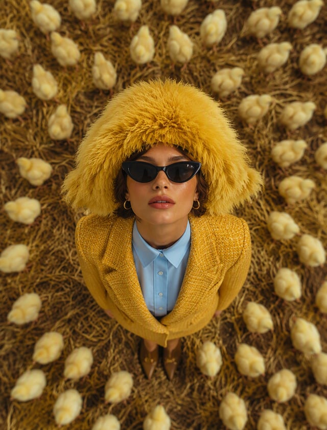 A fashion-forward woman stands looking directly upward on a straw-covered farm floor, surrounded by 