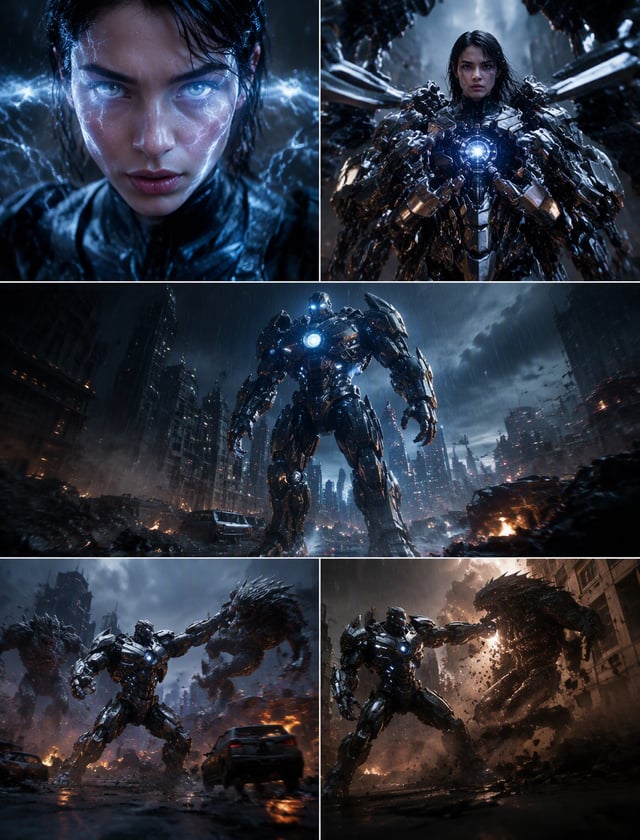 15-second ultra-photorealistic cinematic sci-fi action sequence. A powerful young woman stands alone
