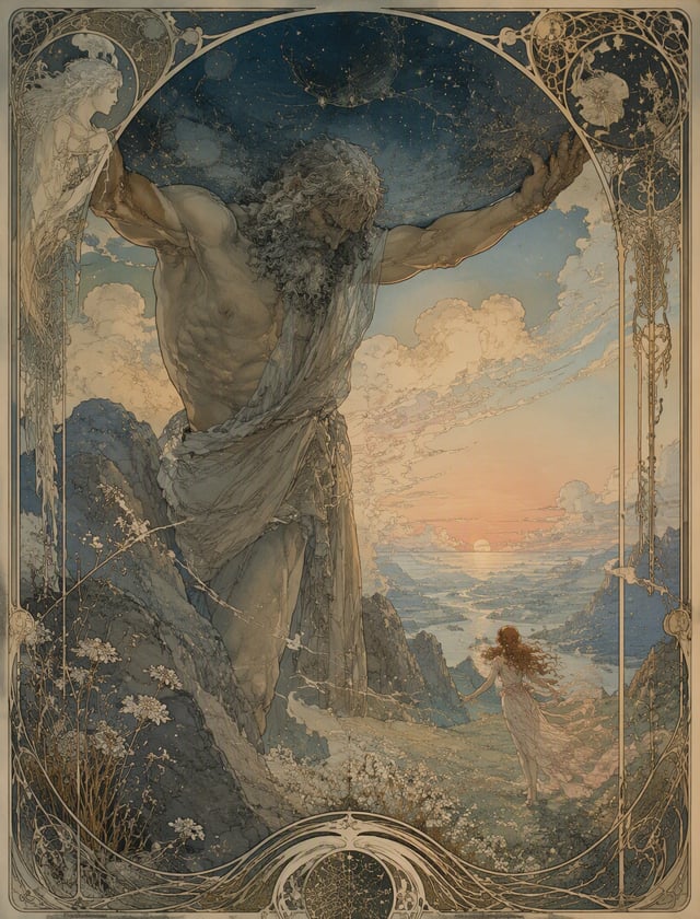 Upon the crest where heavens lean,Where stars like embers faintly gleam,Atlas stood, his shoulders w