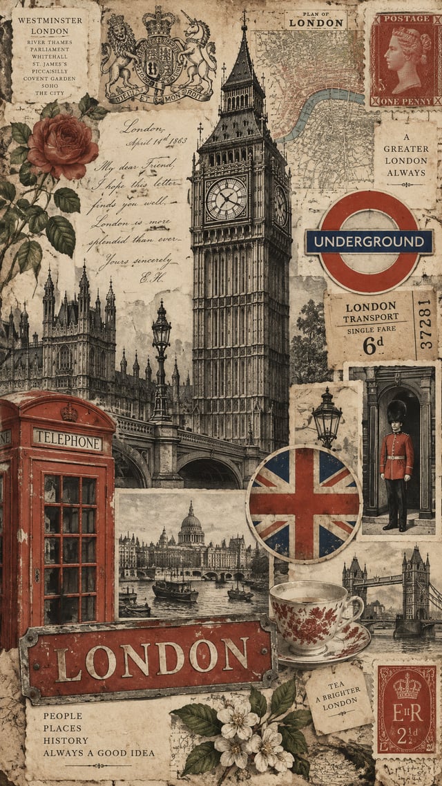 Vertical collage composition of vintage London, an intricate assemblage of historical ephemera on a 