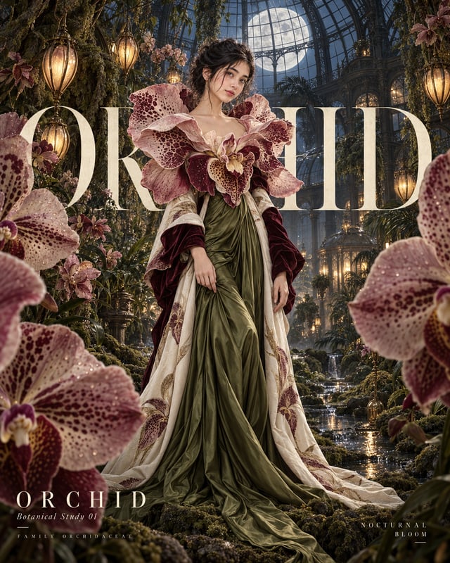 Create a hyper-realistic cinematic botanical haute couture fashion editorial poster, vertical 4:5 co