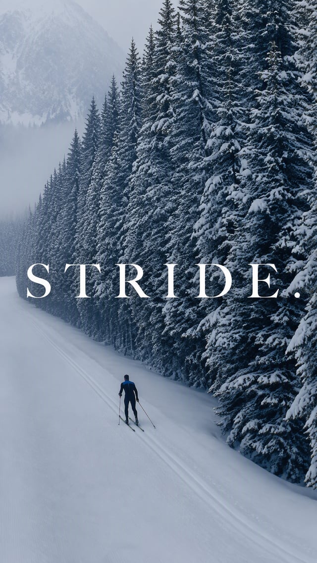 Create a premium 9:16 winter sports editorial. Main Subject: Young male cross-country skier gliding 