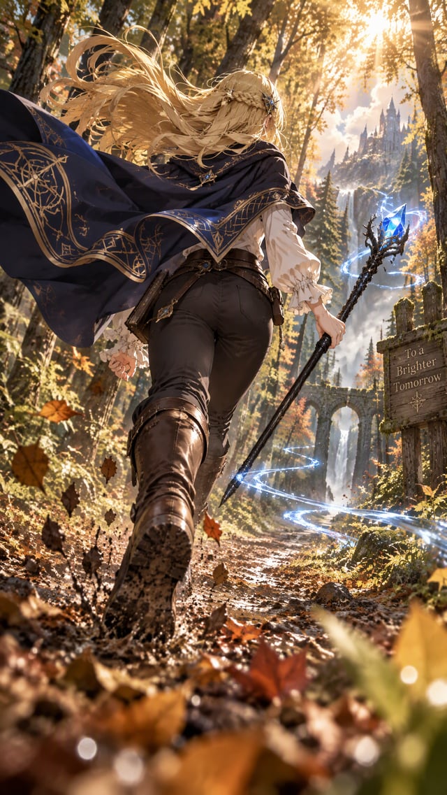 A dynamic, low-angle rear-view shot of a young female mage sprinting away from the viewer through a 