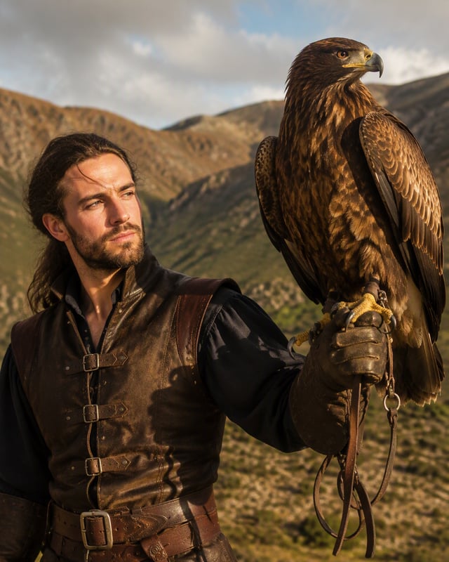 Create a hyper-realistic portrait of a falconer with their bird of prey perched on their gloved hand