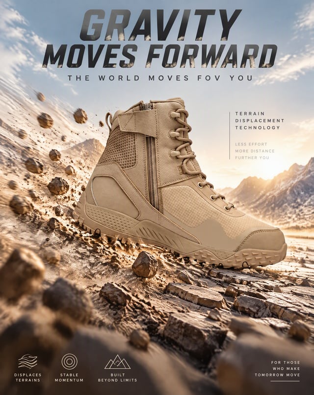 A premium 5:4 sports advertising poster.Main Subject:A premium military shoe.Instead of the runner p