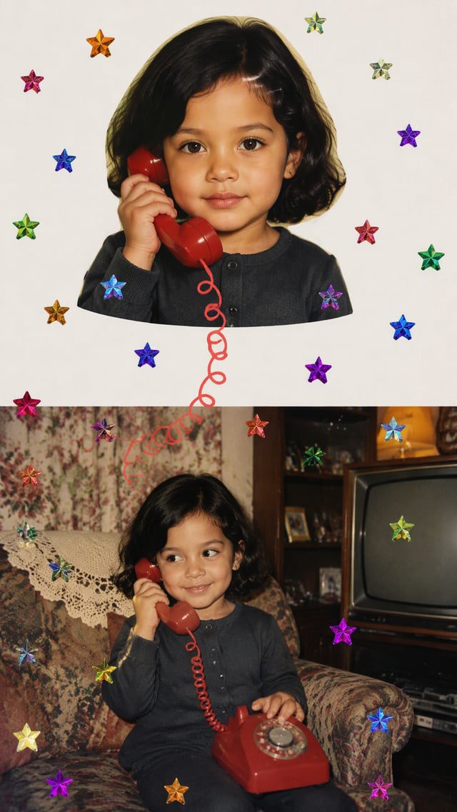[image1] A nostalgic 1980s–1990s Western childhood photo recreation composite in vertical format, sp