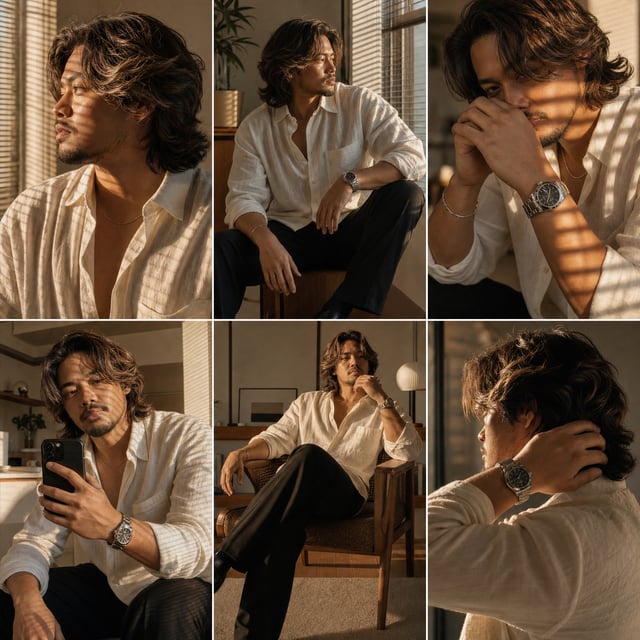 Ultra realistic luxury men's fashion editorial collage featuring the same handsome young man in six 