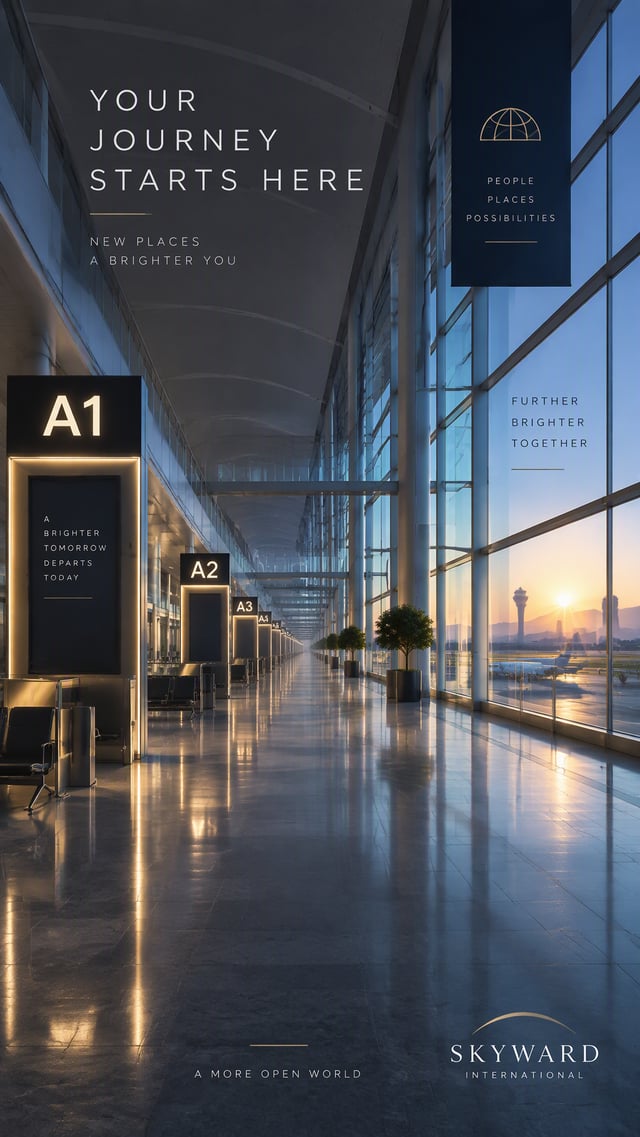 Premium 4:5 advertising poster for a premium international airport. A vast terminal photographed at 