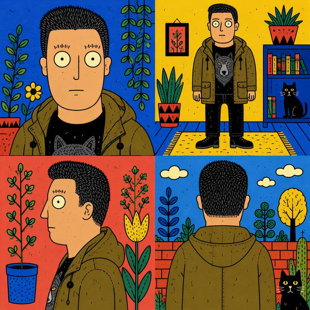 Flat offbeat adult-cartoon drawing with slightly asymmetrical anatomy; large white or acid-yellow ci
