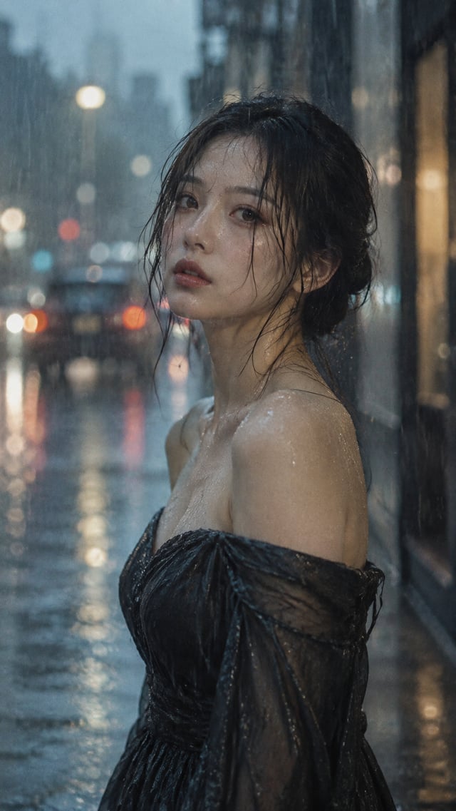 Portrait of a stunning woman standing in a gentle downpour, wearing an elegant off-shoulder dress th