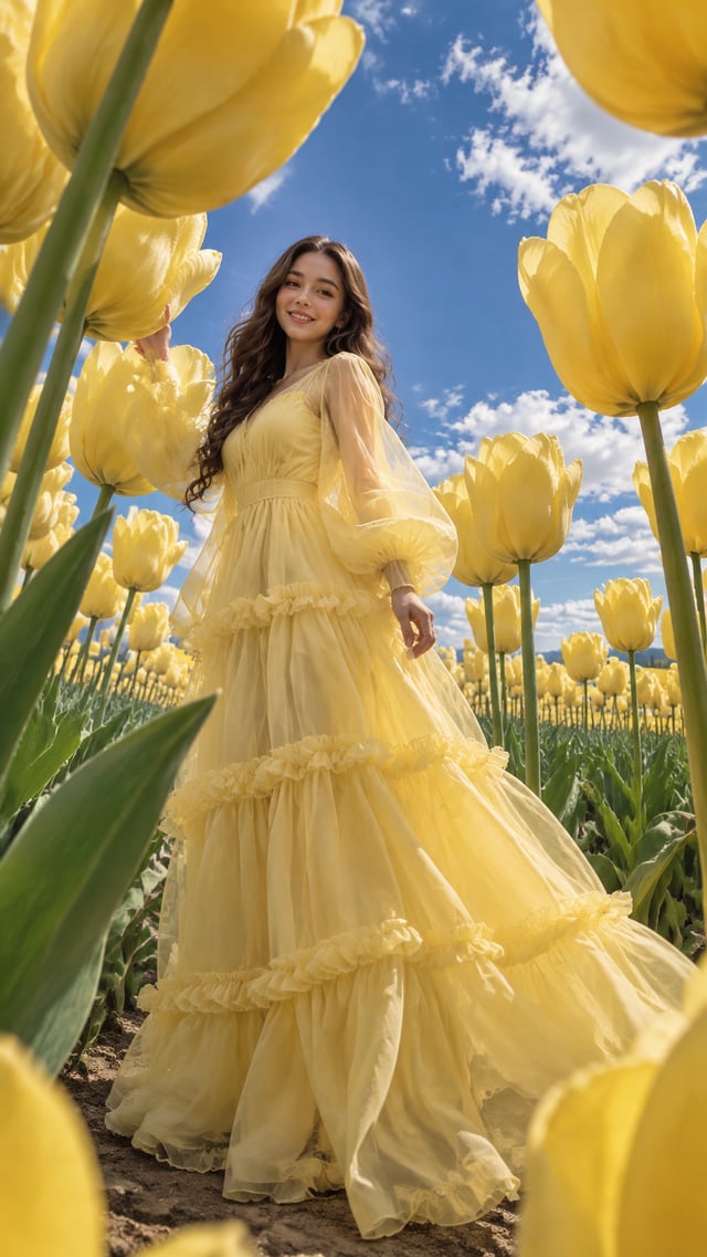 A low-angle, full-length photograph of a young woman with her specific facial features (as seen in t