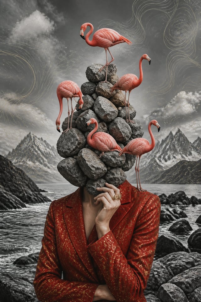 A surreal collage features a woman's head replaced by a pile of rocks, with several pink flamingos p