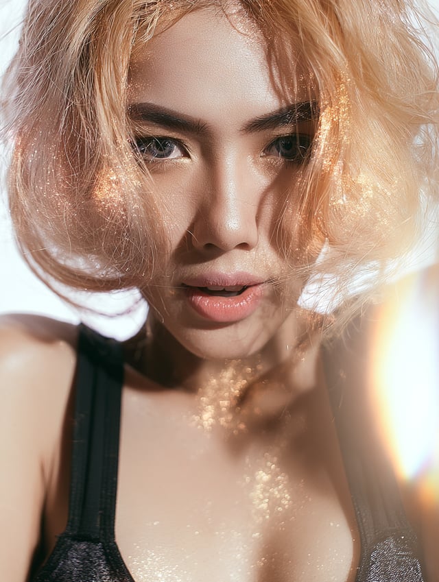 portrait photo a beautiful fairy woman with glowing cosmic particles, refraction light, surreal sci-