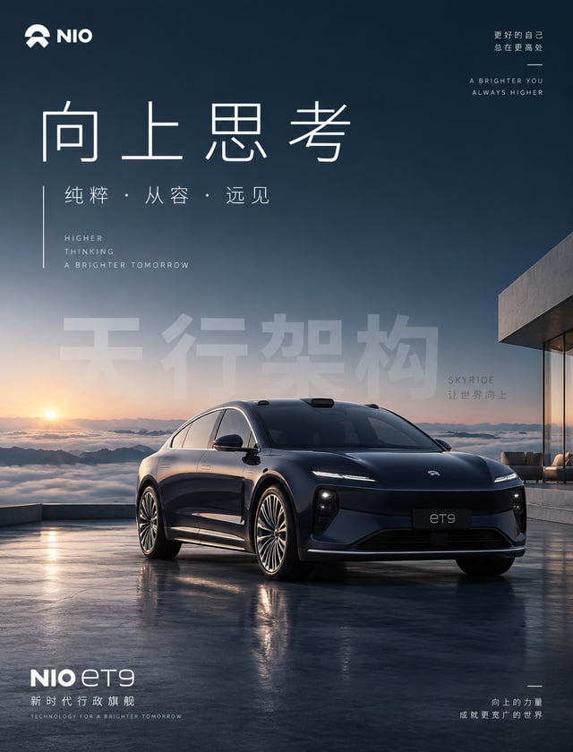 ### 提示词：蔚来 ET9 "向上思考" 纯净奢华商业海报#### [PROMPT - POSITIVE]A 4:5 vertical flagship luxury automotive adve