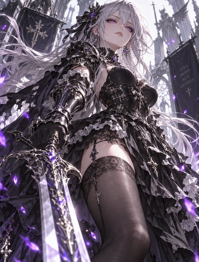 A silver-haired swordswoman stands in a defiant pose, her long locks swirling amidst floating violet